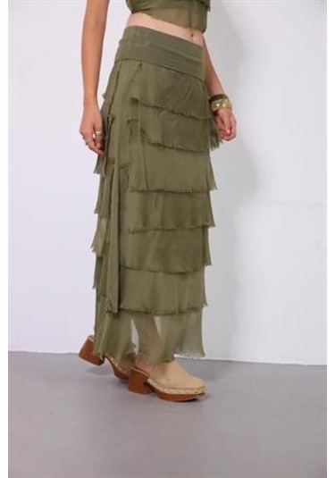 İtalyan 2 Beden Ince Gösteren Kat Kat Ipek Etek & Straplez Elbise Açık Haki