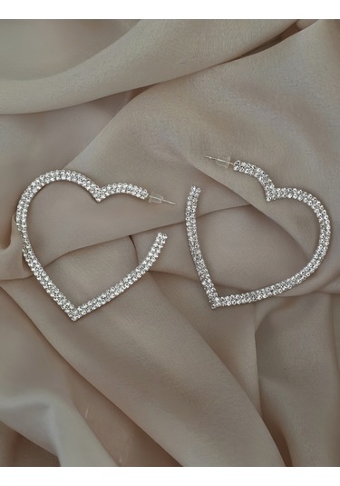 Büyük Kalp Model Beyoğlu Taşlı Abiye Gümüş Renk Küpe Gümüş