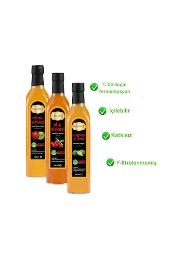 Hanzade Bitkisel Elma + Alıç + Enginar Sirkesi 500 ML 3'lü Set
