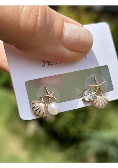 Bymerve Bym531 Çift Midye Model Mini İncili ve Taşlı Kadın Çelik Küpe Gold