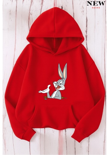 Tavşan Baskılı Sweatshirt Kırmızı
