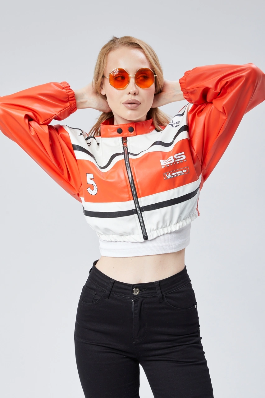 Kadın Deri Baskılı Şeritli Ceket Beli Ve Kolu Lastikli Kolej Hakim Yaka Bomber Yarışçı Motorcu Mont Oranj Kadın Deri Baskılı Şeritli Ceket Beli Ve Kolu Lastikli Kolej Hakim Yaka Bomber Yarışçı Motorcu Mont Oranj