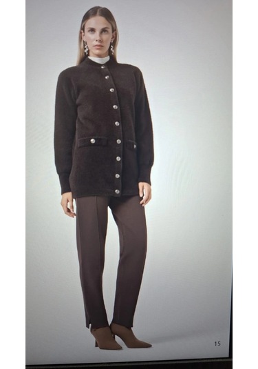 Nuss 7008 Sahte Cep Detay Düğmeli Angora Hırka - Kahve Kahverengi