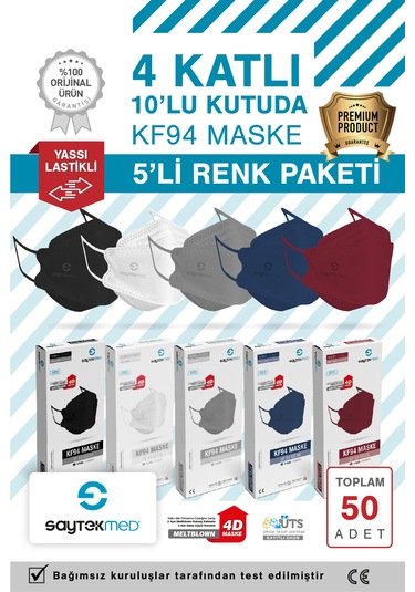 Kf94 Kore Tipi, 4 Katlı, 5 Farklı Renk, Uv Steril 50 Adet/5 Kt