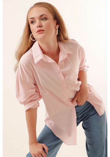 Bigdart 3900 Oversize Uzun Basic Gömlek - Pudra 001