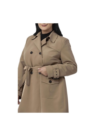 Büyük Beden Kruvaze Kolu Bant Detaylı Cepli Kuşaklı Astarlı Vizon Trençkot Vizon