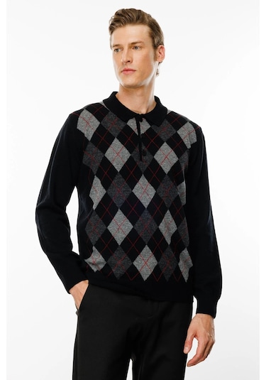 Desen Triko Erkek Polo Yaka Önü Baklava Desenli Yün Kazak 24513 Siyah Siyah
