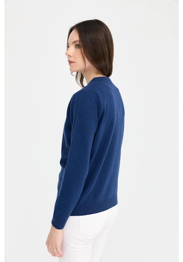 Desen Triko Kadın Sıfır Yaka Triko Yün Hırka 21031 Indigo Indigo