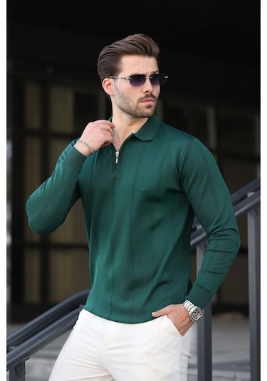 Nefti Yeşili Polo Yaka Fermuarlı Erkek Kazak E7427 Nefti Yeşil