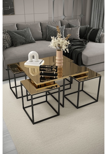 4+1 Siyah Kaplama Bronz Ayna Orta Sehpa