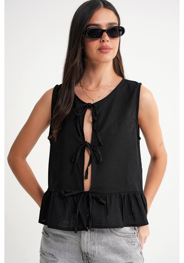 4717 Kadın Önü Bağcıklı Fırfırlı Kolsuz Keten Bluz Siyah Siyah