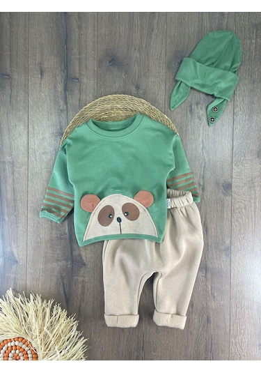 Oversize Şerit Detaylı Yumuşak Doku Bereli Erkek Bebek 3'lü Takım Yesil