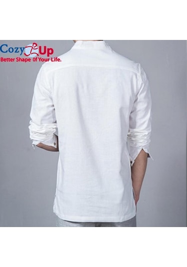 Rahat Up Polo Gömlek Erkekler Moda Uzun Kollu Mandarin Yaka Gömlek Erkek Rahat Keten Gömlek Adam Artı Beyaz Mavi