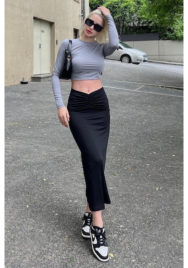 Madmext Siyah Önden Büzgülü Midi Etek Mg2084 Siyah