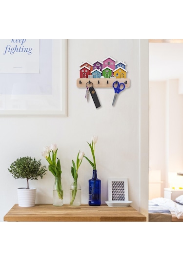 Cajuart Yanyana Renkli Evler Ahşap Dekoratif Duvar Askısı Anahtarlık Modern Dekor