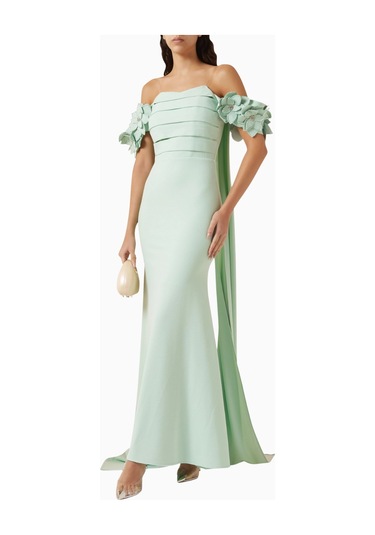 Ac By Aanchal Chanda Off - Shoulder Cape - Style Çiçek Işlemeli Maxi Kadın Elbise Yeşil