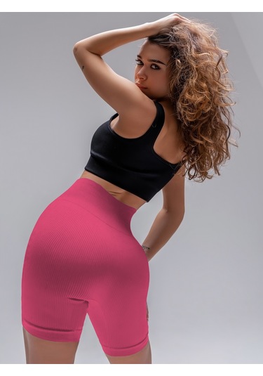 Mistirik Dublin Model Yüksek Bel Fitilli Seamless Biker Şort Şekerpembe Renk027 Şekerpembe