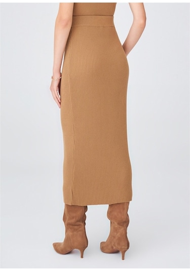 Peraluna Örgülü Kaşmir Karışımlı Kalem Kadın Triko Etek Camel