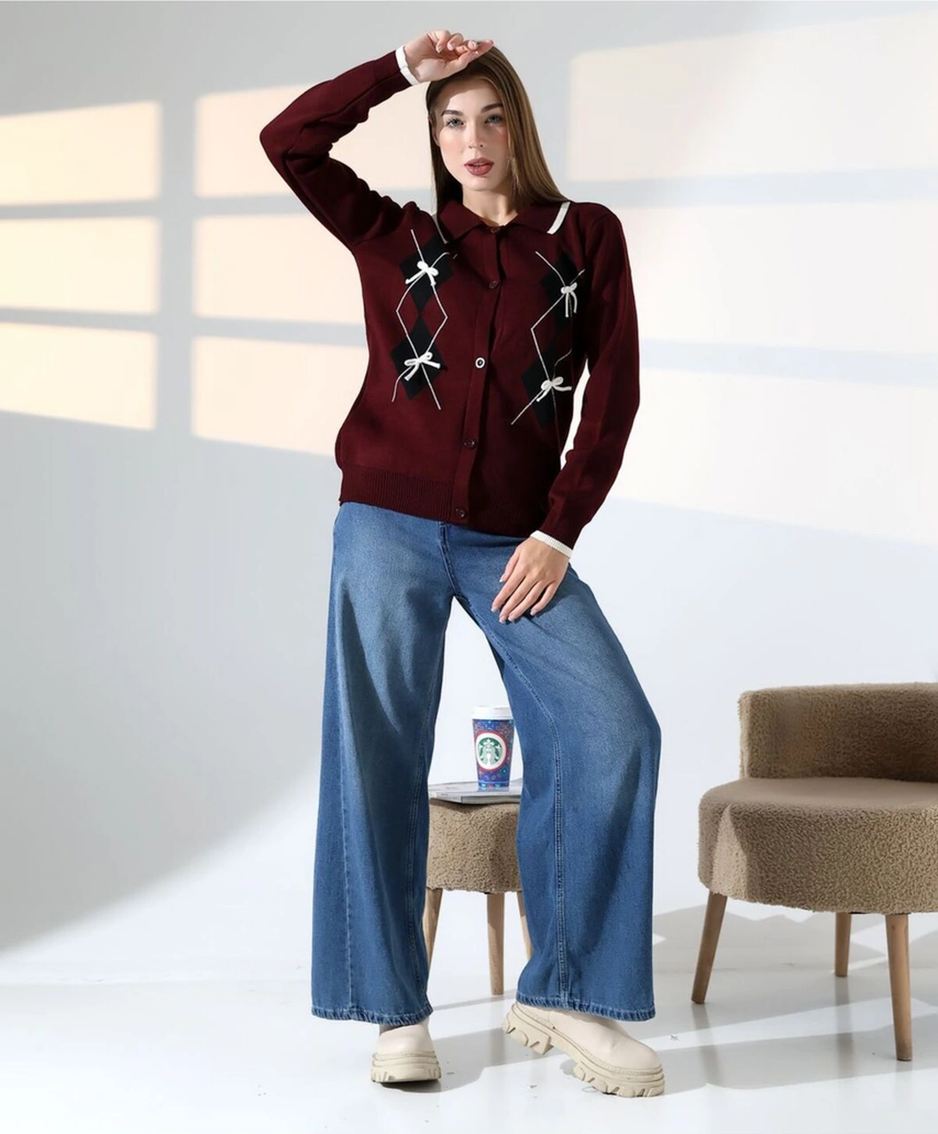 Baklava Desen Polo Yaka Kadın Kazak Bordo