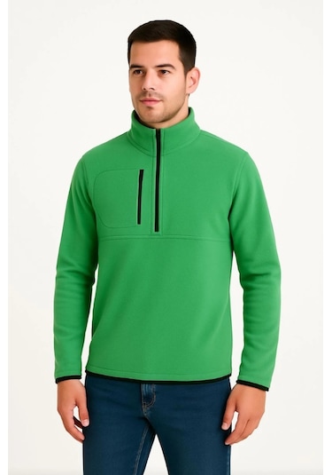 Erkek Polar Kazak Dik Yaka, Yarım Fermuarlı, Fermuarlı Göğüs Cepli, Siyah Biyeli, Kışlık Rahat Regular Fit Günlük Model - Yeşil Yeşil