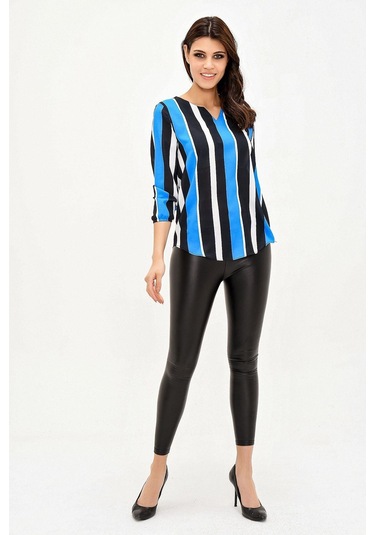 Kadın Siyah & Mavi Yakası Yırtmaçlı Çizgili Krep Bluz Truvakar Kol Kaliteli Dokulu Kumaş Siyah - Saks Mavi