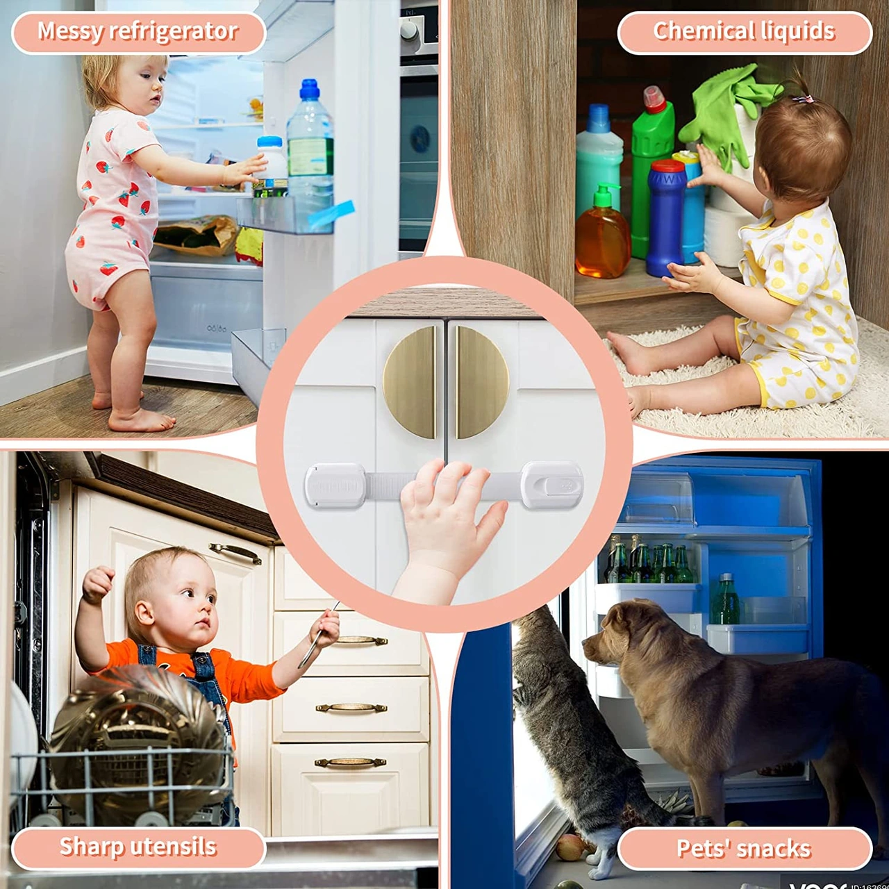 Moveevo Çocuk Güvenliği Dolap/çekmece Kilidi, Plastik-abs Malzeme, Kolay Kullanım, 230mm, 6 Adet Opp Çanta Beyaz