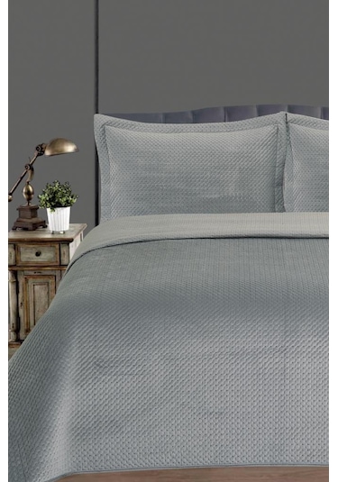 Toskana Çift Kişilik Lüks Kadife Yatak Örtüsü Gri Gri