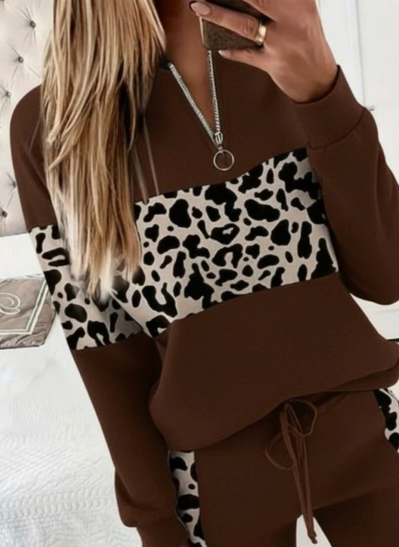 Tua Moda Kadın Uzun Kollu Fermuarlı Karışık Desenli Viskon Iki Iplik Bluz Ve Pantolon Ikili Takım Kahve