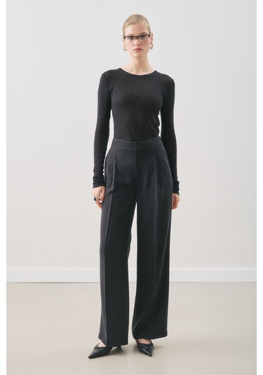 Dökümlü Tencel Pileli Pantolon Siyah Siyah