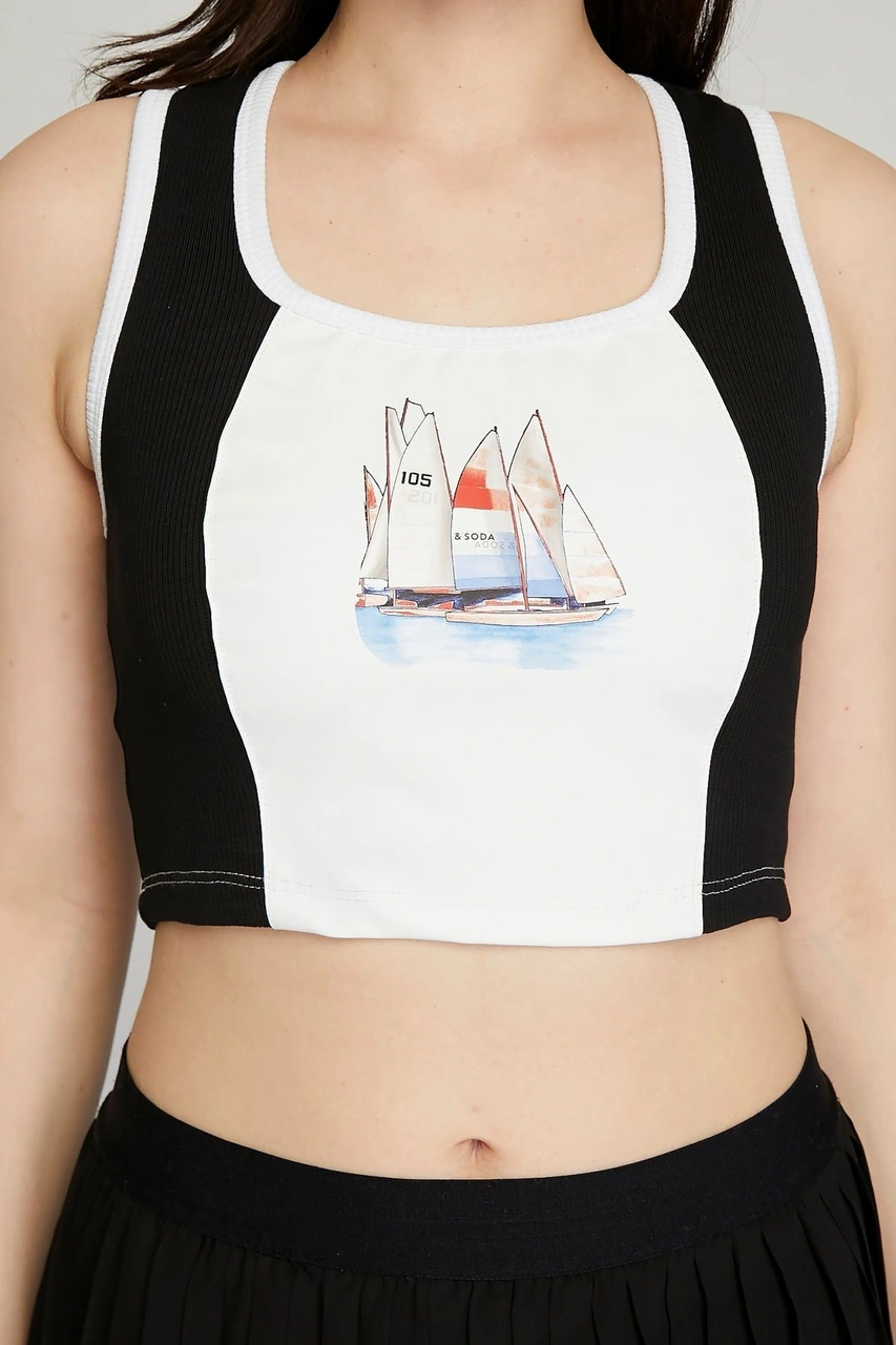 Kadın Deri Crop Ribana Kaşkorse Likralı Deri Garnili Baskılı Crop Büstiyer Deri Üzeri Baskılı Crop Siyah