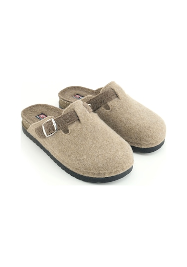 Gezer Kadın Kışlık Rahat Taban Tek Toka Ayarlanabilir Keçe Ev Bahçe Terlik Bej