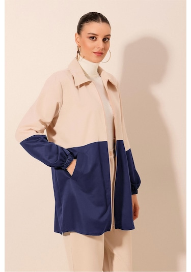 5909 Çift Renkli Mevsimlik Trençkot - Lacivert Lacivert