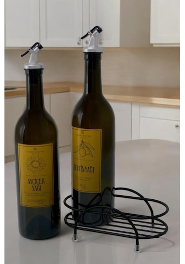 Digithome Petra 2'li Siyah Metal Standlı Yağdanlık Seti Gold Etiketli Amber Yağlık 750 Ml Siyah