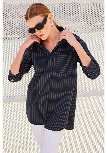 Gabria Tek Cep Arkası Uzun Gömlek Siyah