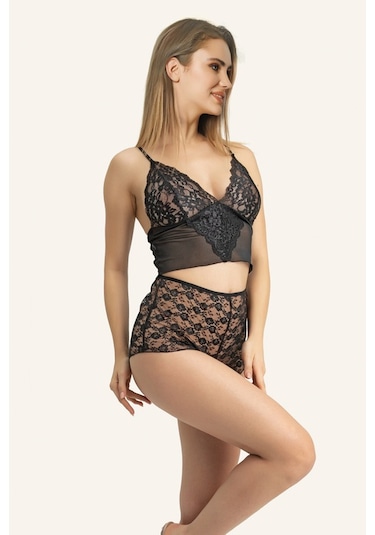 Dantelli Şortlu Bralet İkili Takım Siyah