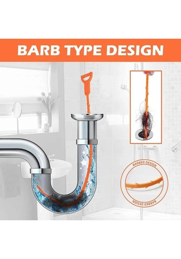 Mufunye Ev Boruları İçin Saç Ve Kirlik Temizleyici Aleti, 51 Cm Uzunluk, Esnek Plastik, 2'li Set, Derinlemesine Temizleme Portakal