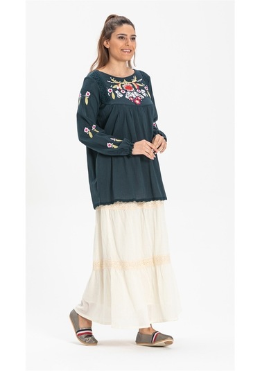 Uzun Şile Bezi Dantelli Etek Krem Krm