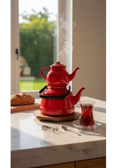 Nostalji Çaydanlık Takımı Renkli Alt 3,3 Lt Üst 1,5 Lt Kırmızı