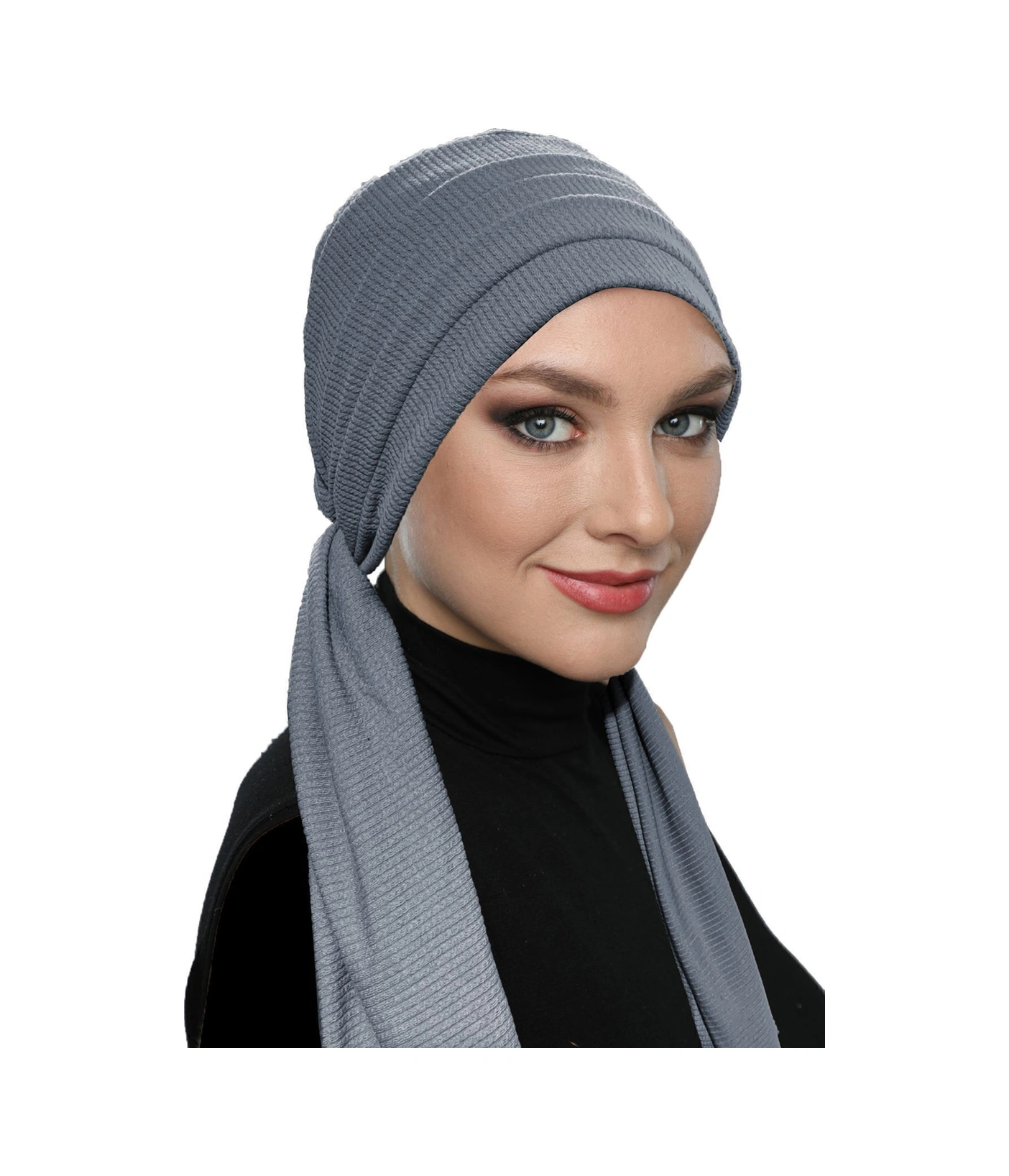 Fitilli Penye Bağlama Koyu Gri Hazır Türban Tesettür Bone Koyu Gri