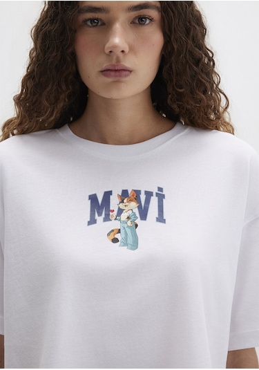 Mavi - Kedi Logo Baskılı Beyaz Tişört 1613284-620 Beyaz