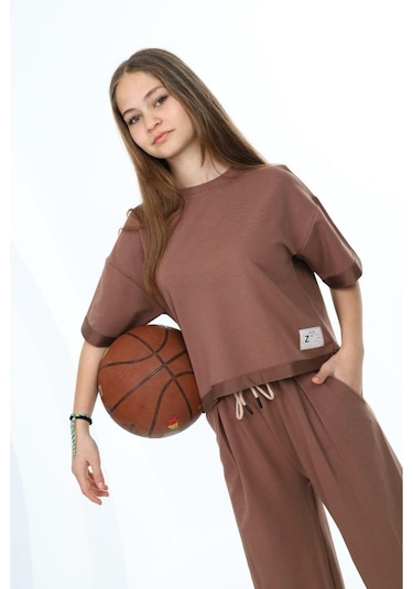 Kız Çocuk %100 Pamuk Oversize Yarım Kol Alt-üst Eşofman Takım-eşt-0012 Kahve