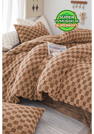 Evlen Home Çift Taraflı Kişilik Kürk Yorgan Uyku Seti Yumuşak Dolgulu Yatak Örtüsü 3 Parça Polo Kahverengi