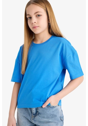 Defacto Kız Çocuk Relax Fit Bisiklet Yaka Basic Düz Kısa Kollu Tişört Z5095a625smbe124 Mavi