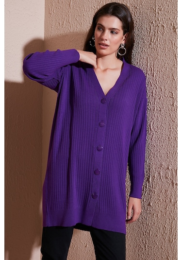 Lela V Yaka Düğmeli Uzun Triko Bayan Hırka 4616040Y Mor