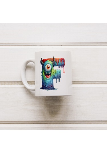 F Harfi Bardak, Sevimli Canavarlar Harflı Bardak Hediyesi Porselen Beyaz