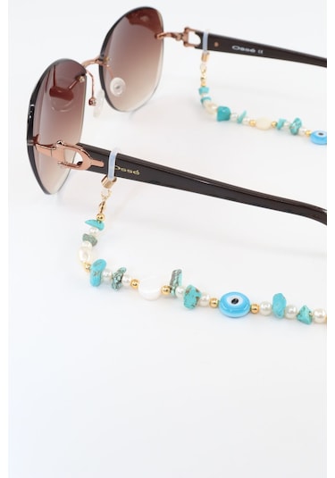 Boncuklu Gözlük İpi. Gözlük Zinciri. Tasarım İncili Doğal Taşlı. Gözlük İpi. Gözlük İpi Askısı. Beyaz - Mavi