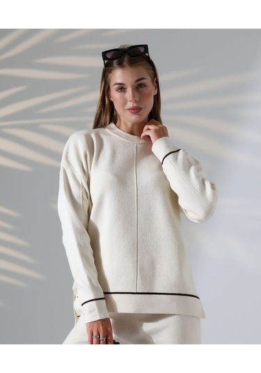 Kontrast Dikişli Kadın Triko Takım Taş