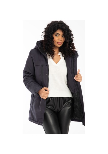 Kadın Lacivert Içi Polarlı Su Ve Rüzgar Geçirmez Kapüşonlu Kışlık Mont Lacivert