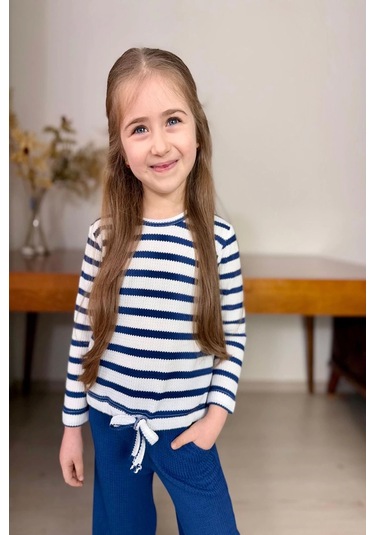 Çizgili Kız Çocuk Bol Paça Mevsimlik Mavi Renk Takım Mavi