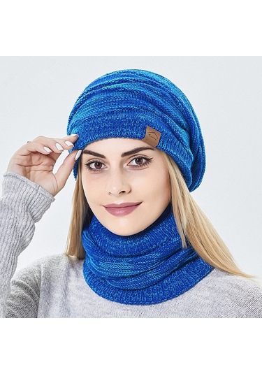 Kadınlar İçin Şık Ve Sıcak Kışlık Bere Şapka Atkı Seti, Soğuk Havalara Özel Kombin Mavi